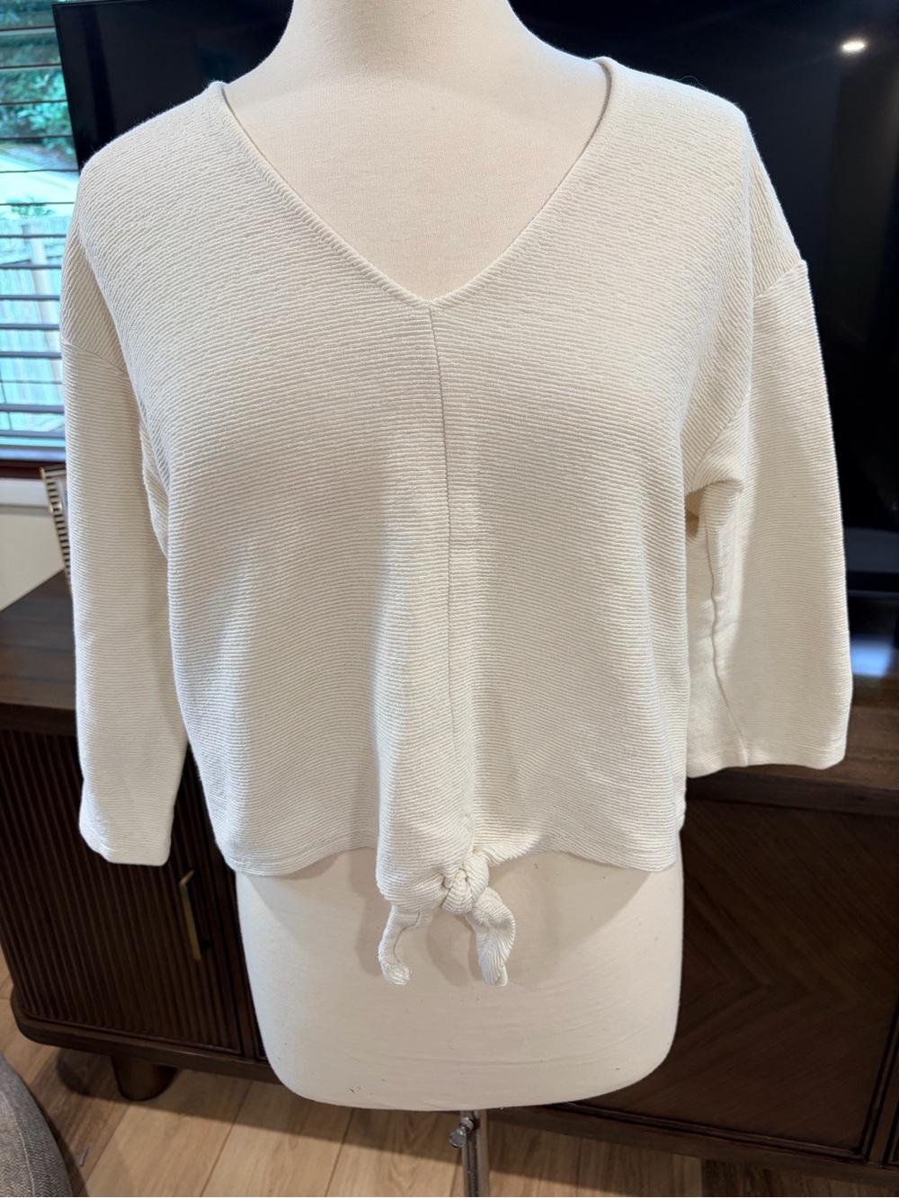 Madewell Cream V-Neck Knit Tie-Front Pullover- Texture and Thread.